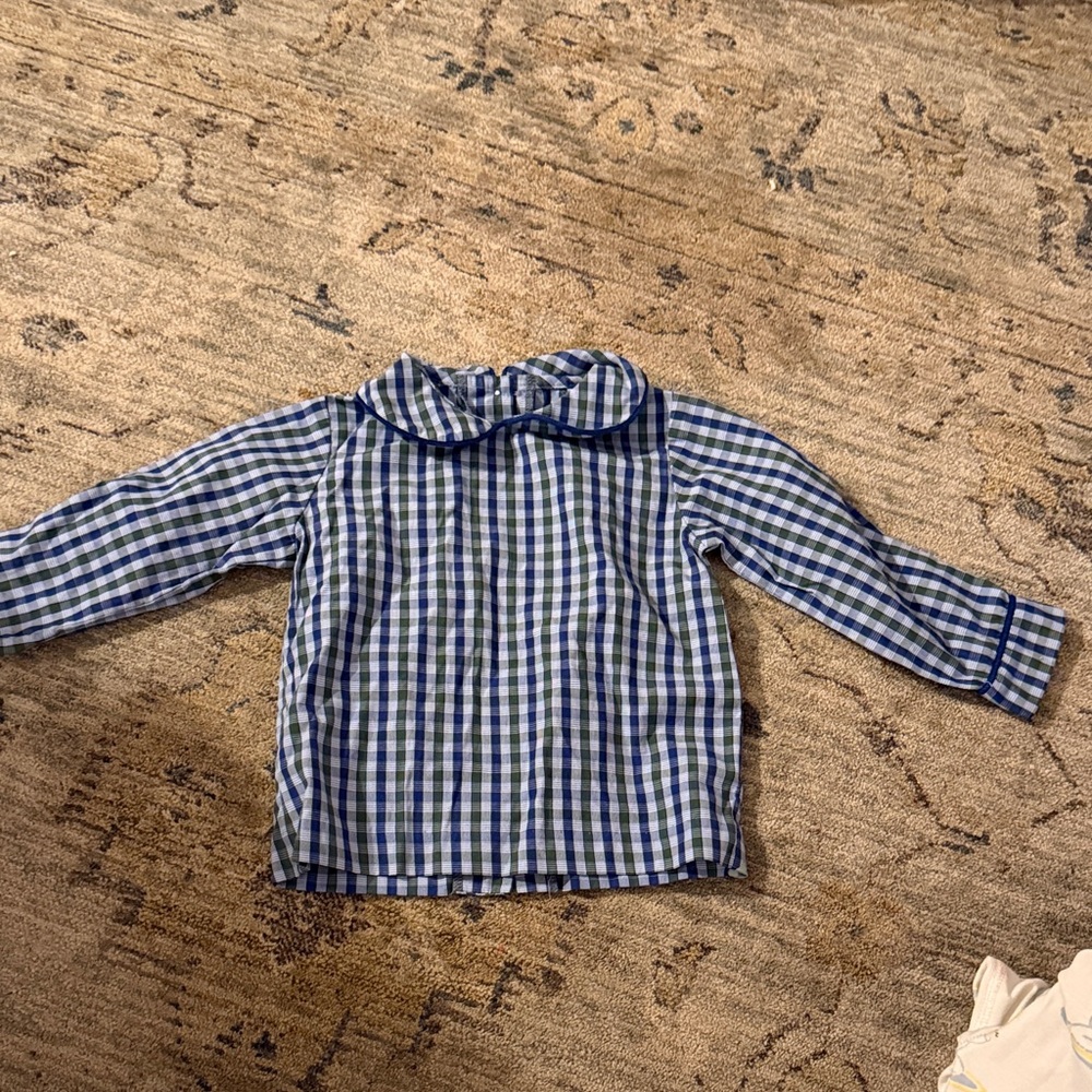 Little English Navy and Green Plaid Shirt with back buttons